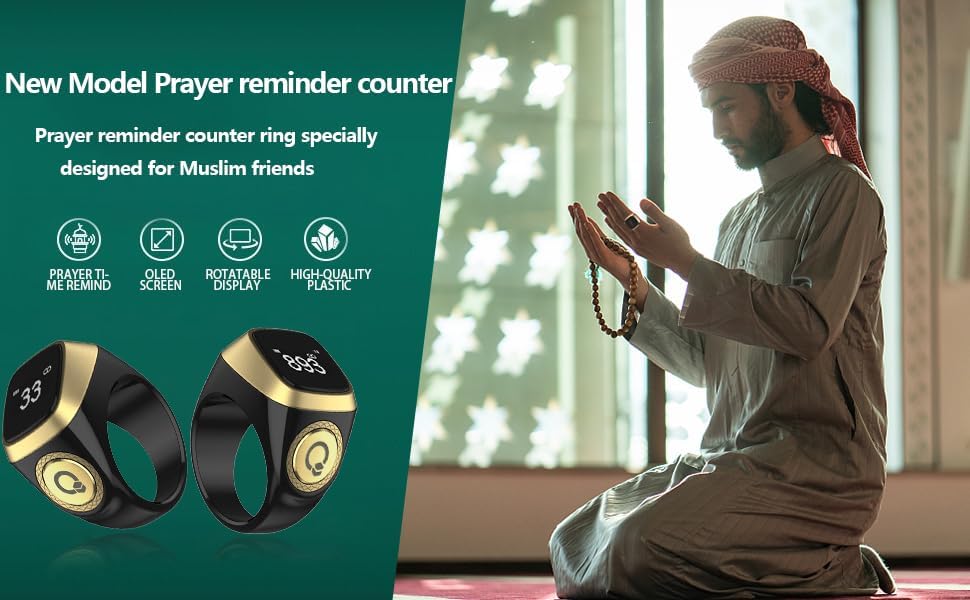 Smart Tasbih Zikr Ring, 20mm Muslim Digital Azan Alarm Clock, Tasbih Counter Smart Ring