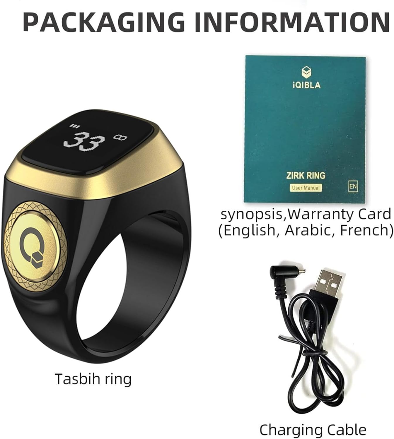Smart Tasbih Zikr Ring, 20mm Muslim Digital Azan Alarm Clock, Tasbih Counter Smart Ring