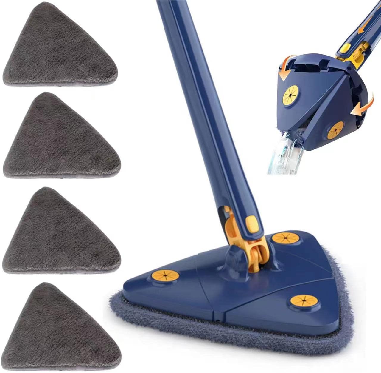 360 Degree Rotatable Adjustable Cleaning Mop,52.1'' Telescopic Triangular Mop with Automatic Water Squeezing Function for Floor Window Ceiling,with 4 Replacement Microfiber Pads