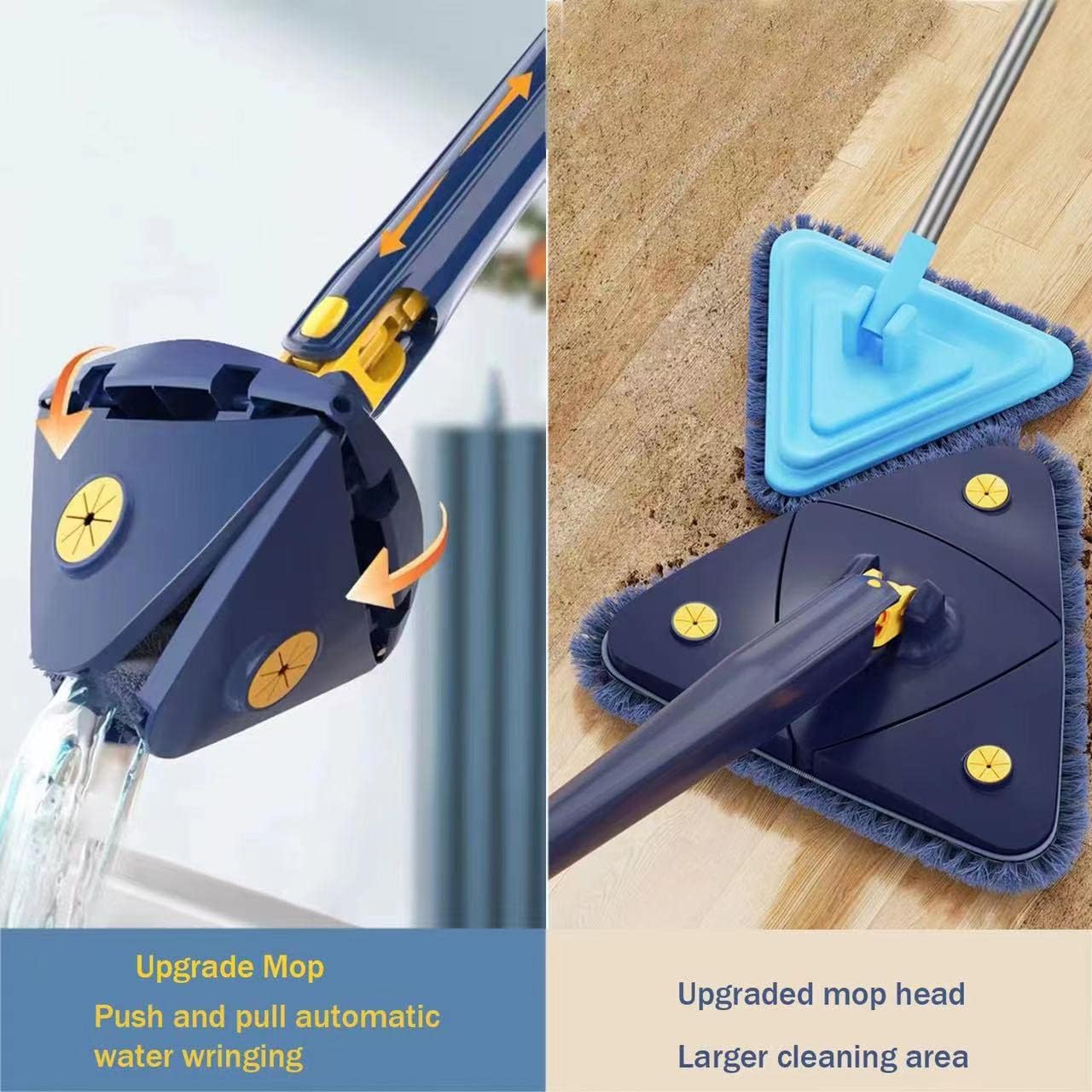 360 Degree Rotatable Adjustable Cleaning Mop,52.1'' Telescopic Triangular Mop with Automatic Water Squeezing Function for Floor Window Ceiling,with 4 Replacement Microfiber Pads