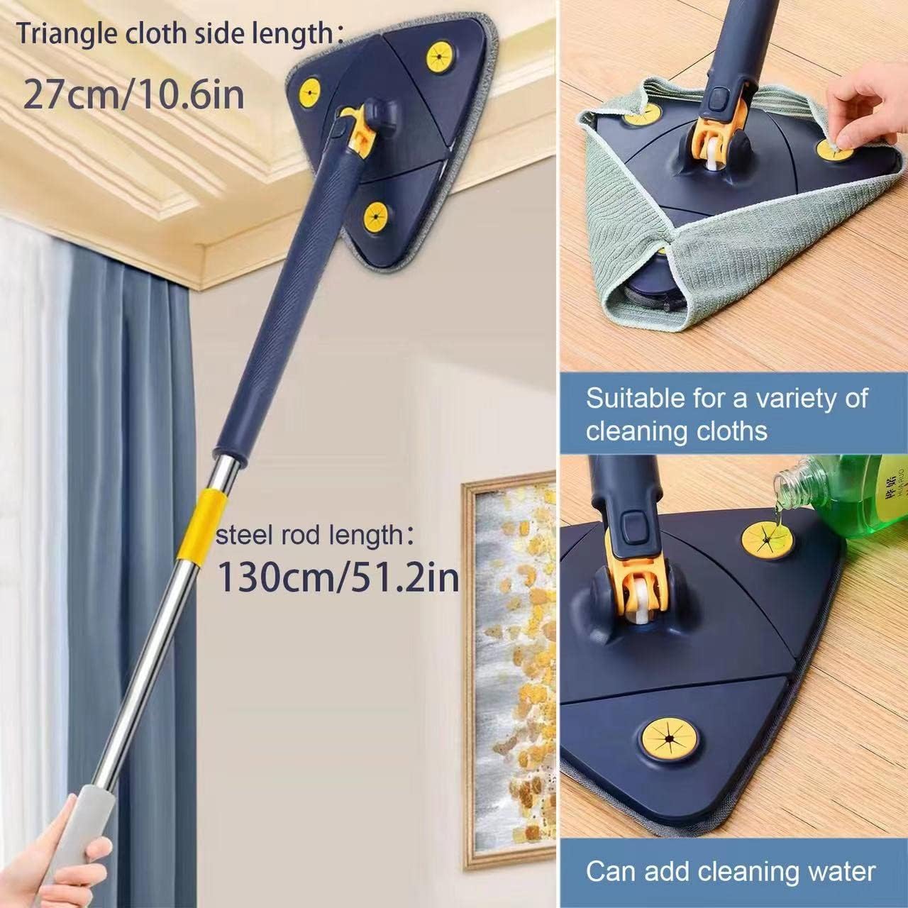 360 Degree Rotatable Adjustable Cleaning Mop,52.1'' Telescopic Triangular Mop with Automatic Water Squeezing Function for Floor Window Ceiling,with 4 Replacement Microfiber Pads